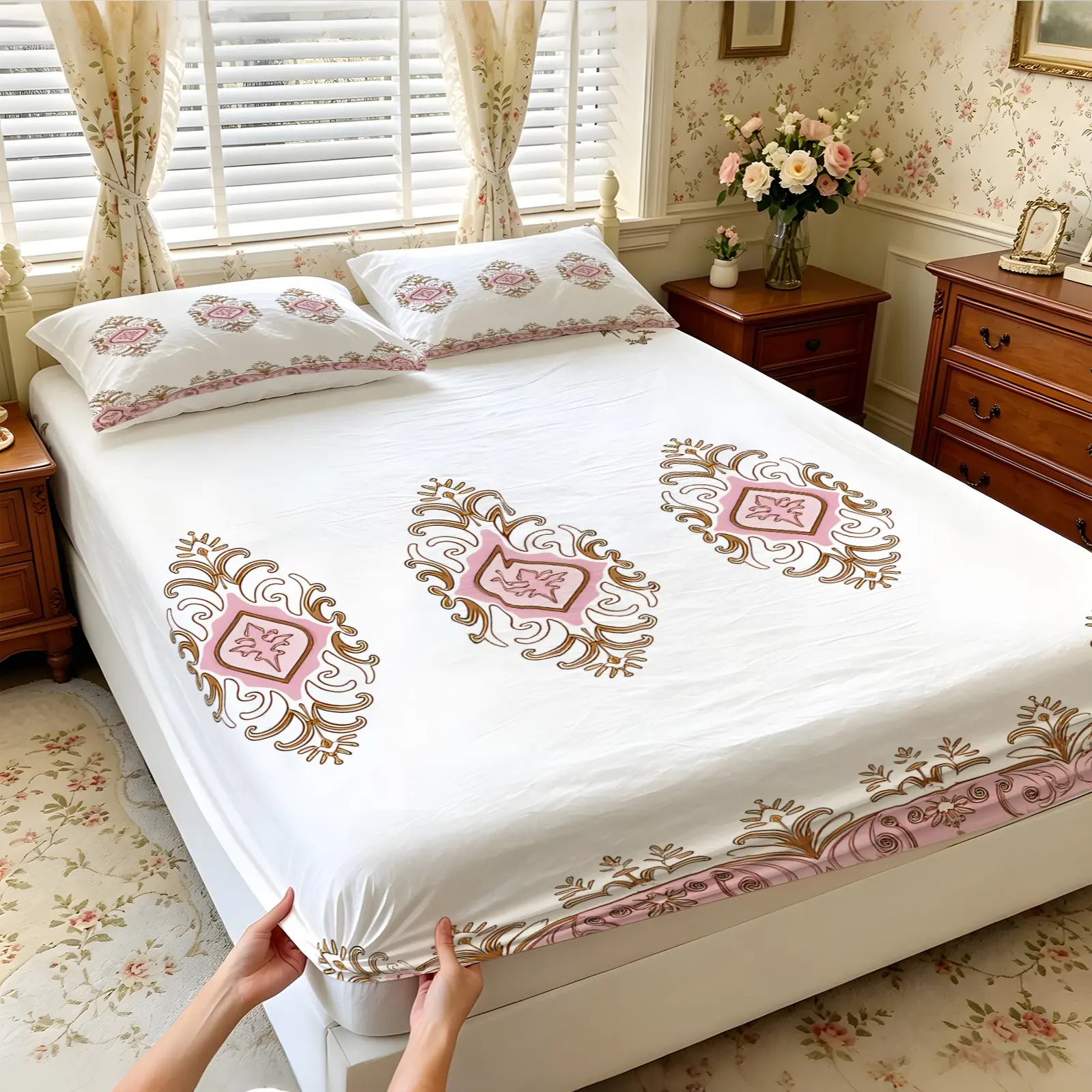 3Pcs Rococo Style Print Fitted Sheet Set, Multiple Styles, Soft, Comfortable And Breathable, Bedding Suitable For Bedroom, Suitable For All People, Ideal Gift Choice, Soft Comfy Bedding (Without Filler And Pillow Insert)