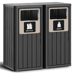 22 Gallon Dual Compartment Trash Can, Weatherproof Indoor & Outdoor Garbage Bin with Recycle & Waste Sorting, Wood-Like Pattern, Easy to Clean & Assemble for Kitchen/Patio/Garden