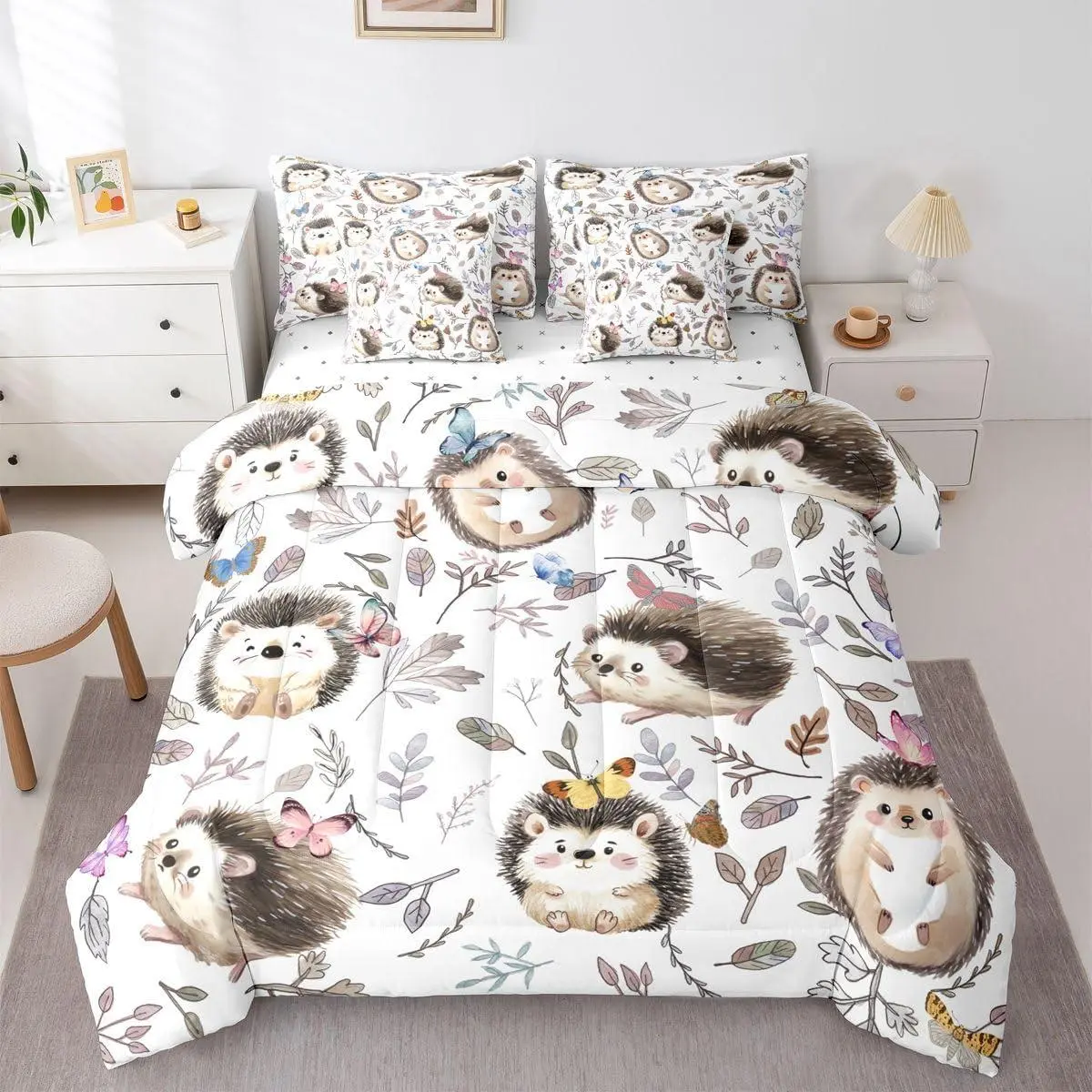 Kawaii Hedgehog 7 Pcs Comforter Set,Kids Hedgehog Bedding Set for Girls Boys Colorful Butterfly Duvet Insert Cartoon Wild Animals Sheets for Hedgehog Lovers Botanical Quilt