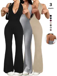 Women's Halter Neck Jumpsuit with Deep V Backless Design, Sleeveless Flare Leg Romper, Fitted Casual Wear for All Seasons Vneck Womenswear
