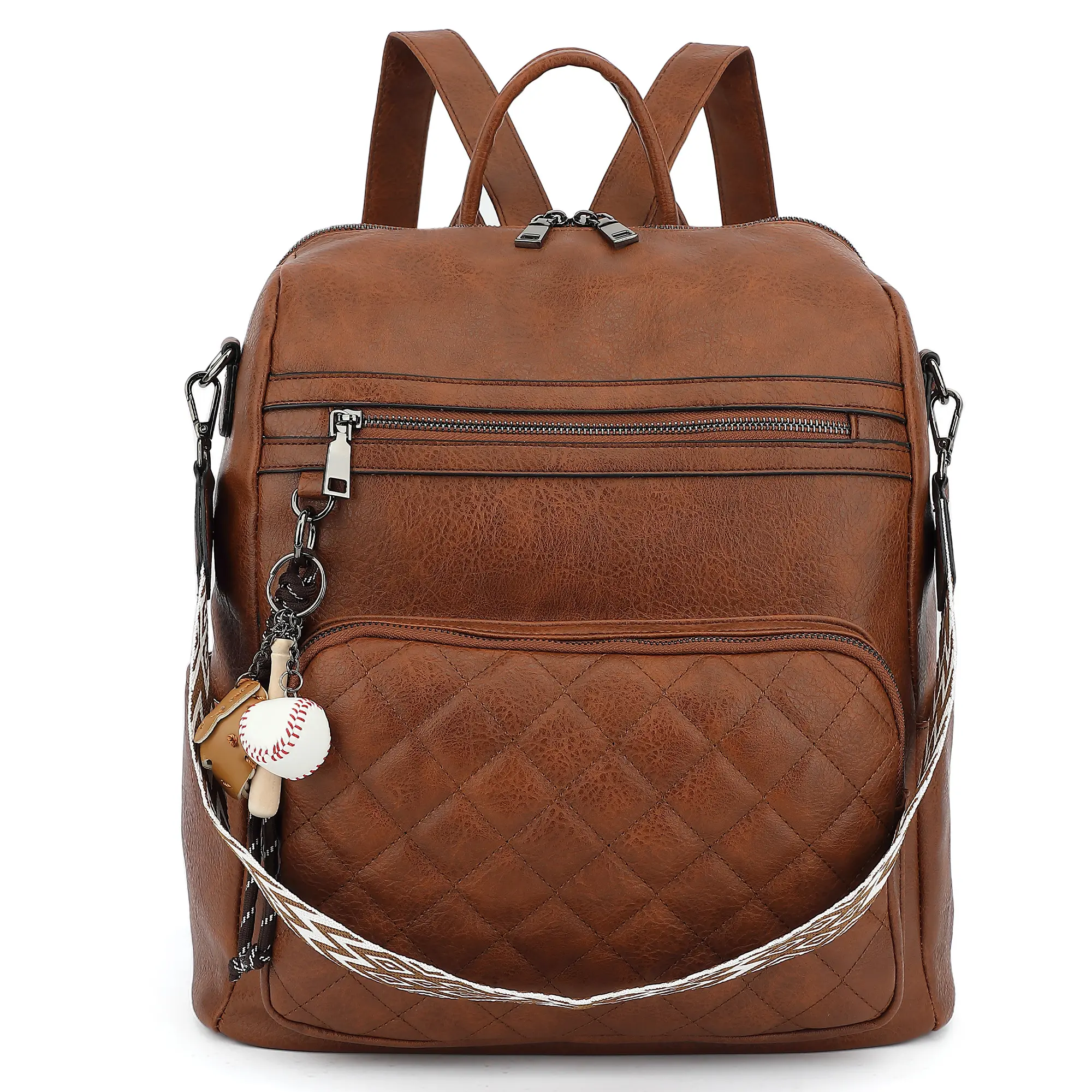 Vintage Brown PU Leather Backpack Purse for Women, Anti Theft Quilted Backpack Handbag with Detachable Wide Strap, Fashion Travel Shoulder Bag with Baseball Charm