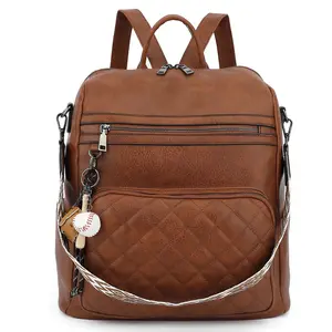Vintage Brown PU Leather Backpack Purse for Women, Anti Theft Quilted Backpack Handbag with Detachable Wide Strap, Fashion Travel Shoulder Bag with Baseball Charm