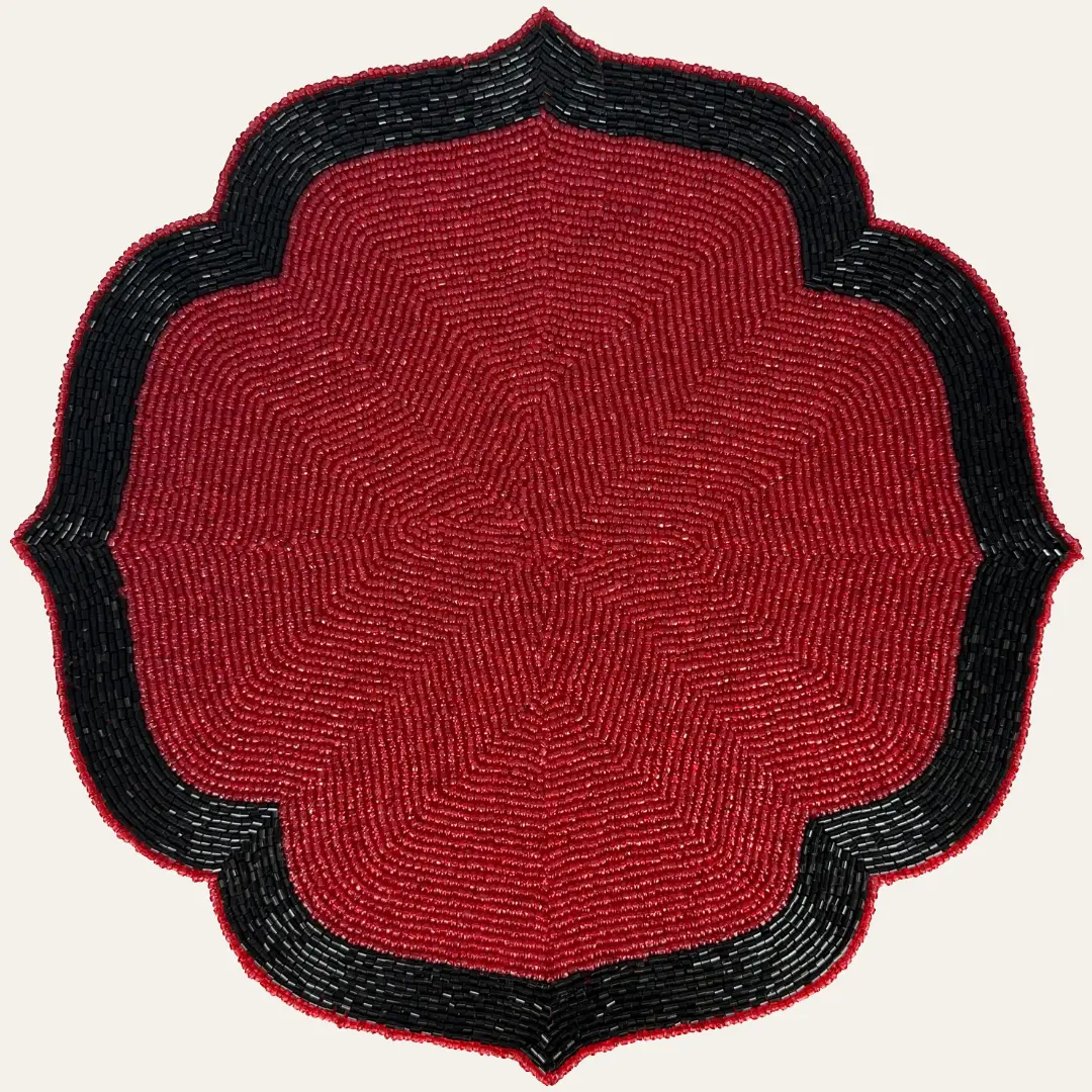 Handmade Beaded Placemats, Red Black Tableware Dining Table Mats, 14 in Heat Resistant