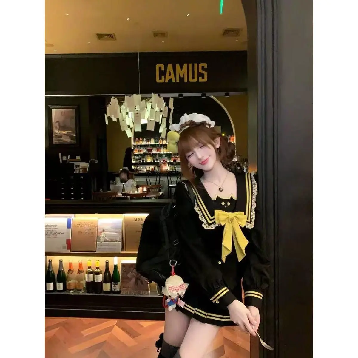 Sweet Japanese Lolita Outfit Women Autumn Sailor Collar Black Yellow Stripe Bow Embroidery Pleated Skirt Two Piece Kawaii Outfit