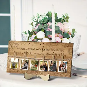 Wooden Photo Frame, 1 Count Wedding Sign with 6 Counts Clips, Memory Table Sign, Wooden Memorial Picture Hanging Board, Family Decor Photo Display Sign, Home Decor Accessory, Wooden Framed