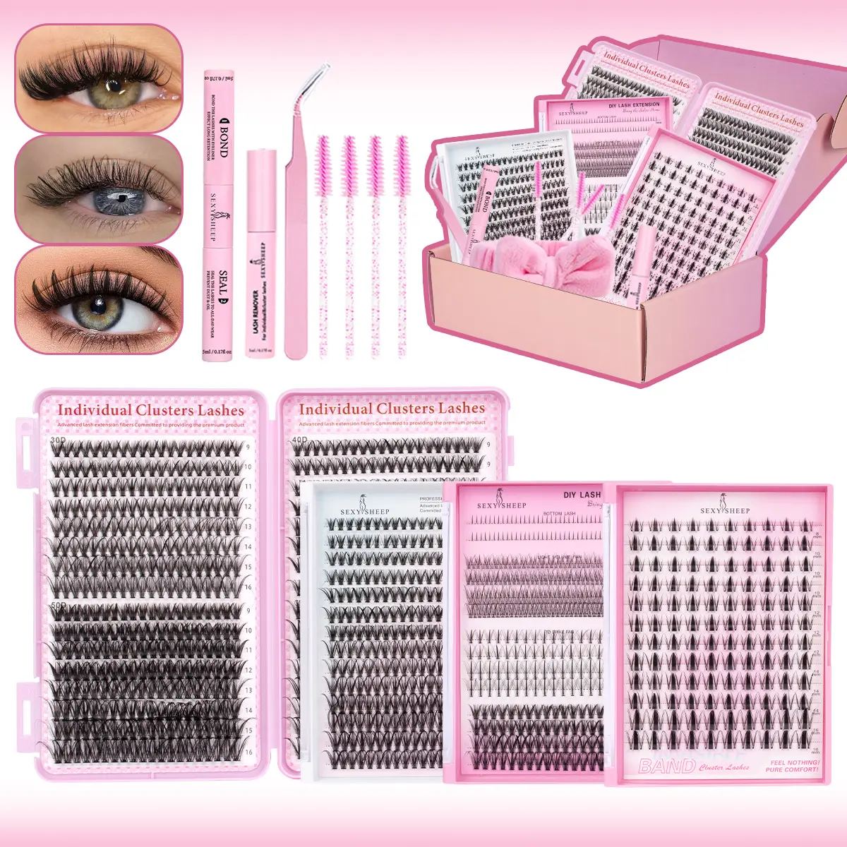 Natural false eyelash set DIY false eyelash set mixed pack D curl eyelash extension set novice-friendly with Bond&Seal&Remove&Eyelash Tweezers&Brush&Hair Band Lashes Bond Seal DIY Eyelash Extensions Eyelashes Set DIY Lash Kit