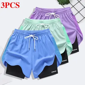 Women’s 3-Pack Summer Casual Sports Shorts — Fitness/Yoga Running Capris with Hidden Inner Layer for Anti-Exposure, Cycling Five-Inch Inseam, Drawstring Waist, and Built-In Pockets | Casual Fit