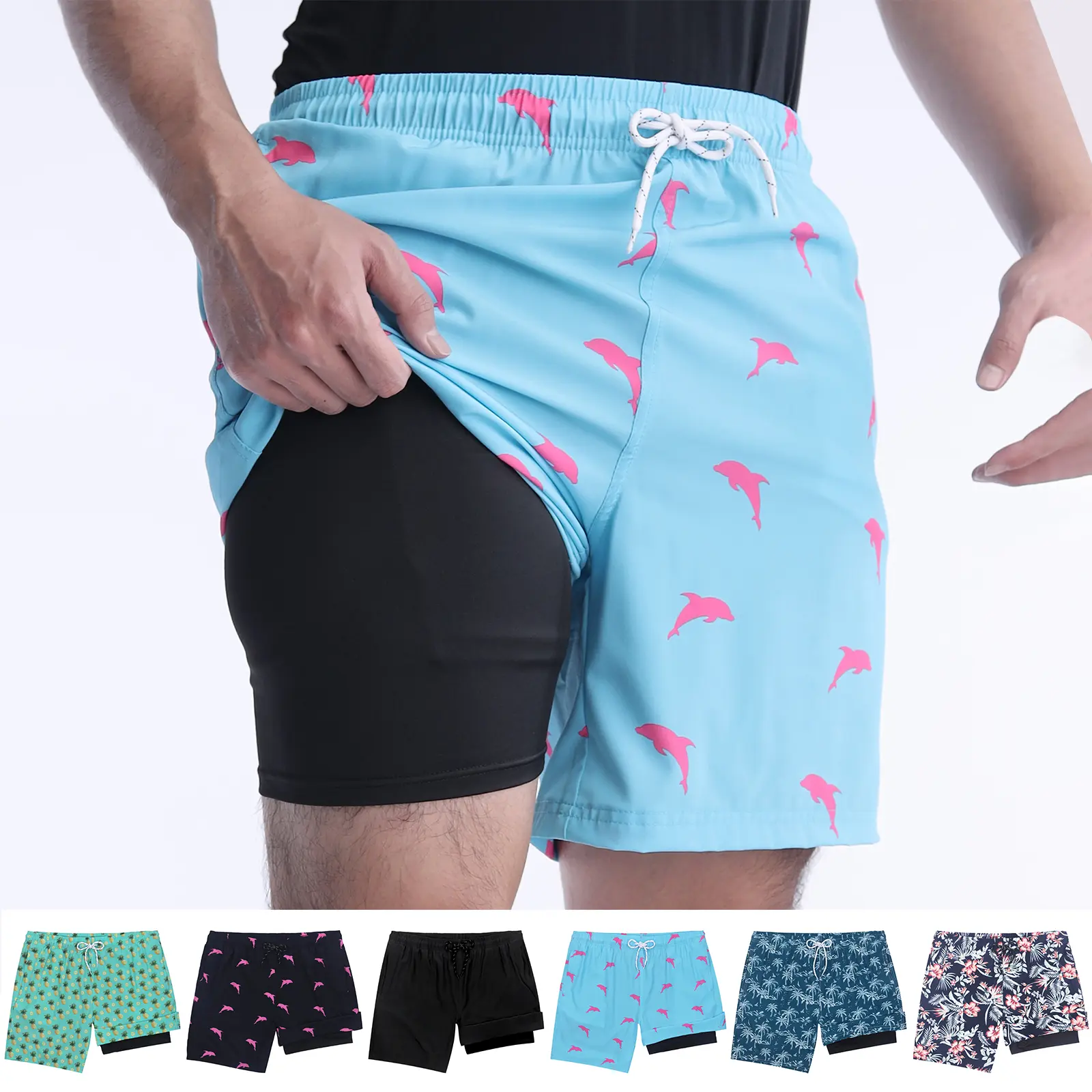 Men's Sporty Chic 2-in-1 Lined Tropical Print Quick-Dry Elastic Waist Beach & Pool Swim Trunks Men's Sporty Chic 2-in-1 Lined Tropical Print Quick-Dry Elastic Waist Beach & Pool Swim Trunks