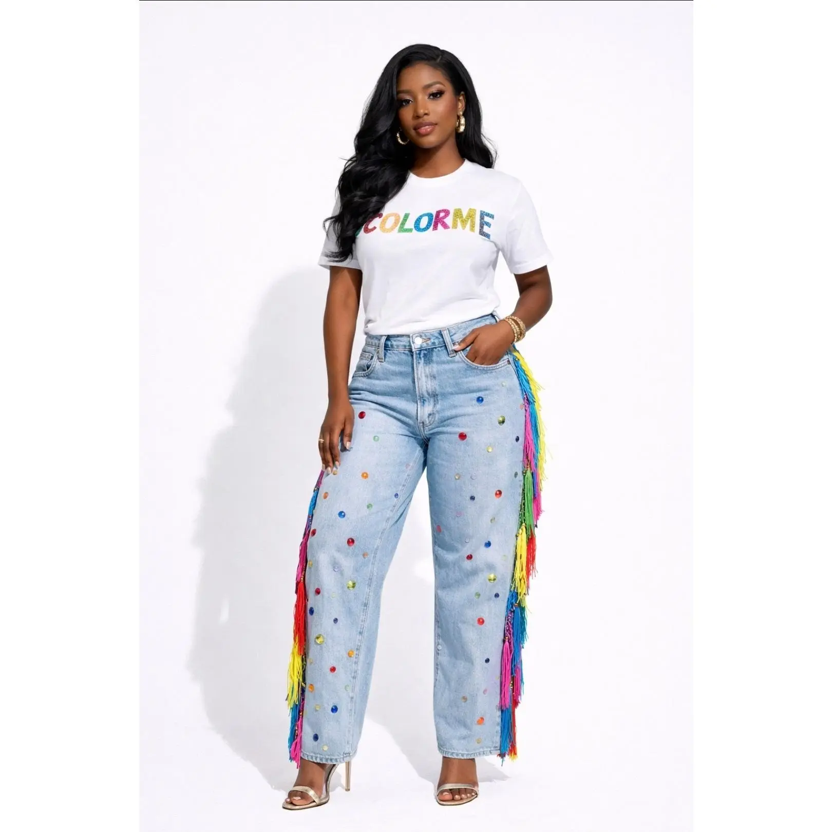 Women's Rainbow Fringe Denim Jeans, High-Waist Skinny Pants with Rhinestone Detail for Boho Festival Fashion, Tassel, Tee, Top, Party, Fitted, Streetwear, Everyday, Pockets