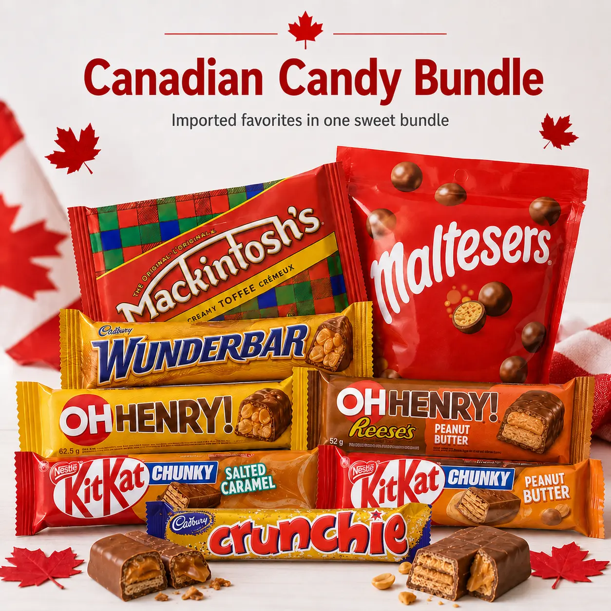 Canadian Imported Candy Variety Bundle - Creamy Chocolate Snacks, Sweet Treats with Mackintosh’s Toffee, Maltesers, Wunderbar, Oh Henry, Reese’s, KitKat Chunky, Crunchie, Snack