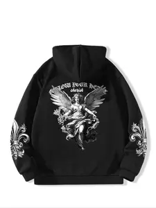 Men's Letter & Graphic Print Drawstring Zip Up Hoodie, Casual Loose Long Sleeve Pocket Hooded Sweatshirt for Fall & Winter, Men's Clothes for Daily Wear