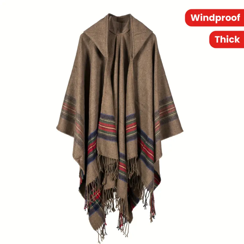 Women's Casual Striped Jacquard Hooded Blanket Shawl - Tassel Trim, Inelasticity, Warm Acrylic-Polyester Blend, Windproof for Autumn, Hand Wash or Dry Clean, Stripes, Jacquard Knit Style