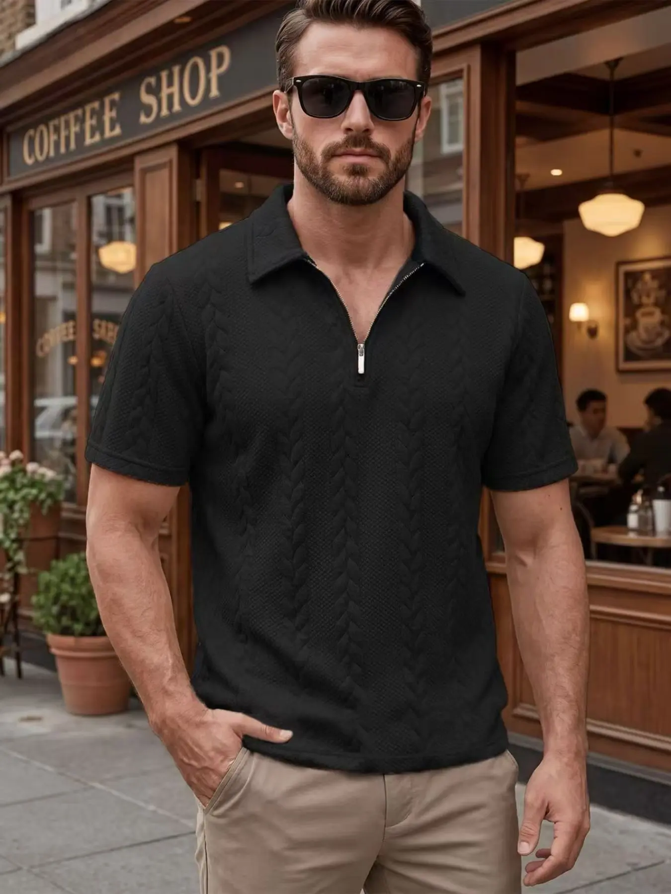Men's summer knitted polo shirt, old money style short sleeves, suitable for daily casual wear, classic quarter-zip design, versatile and trendy T-shirt, must-have item for men's wardrobe