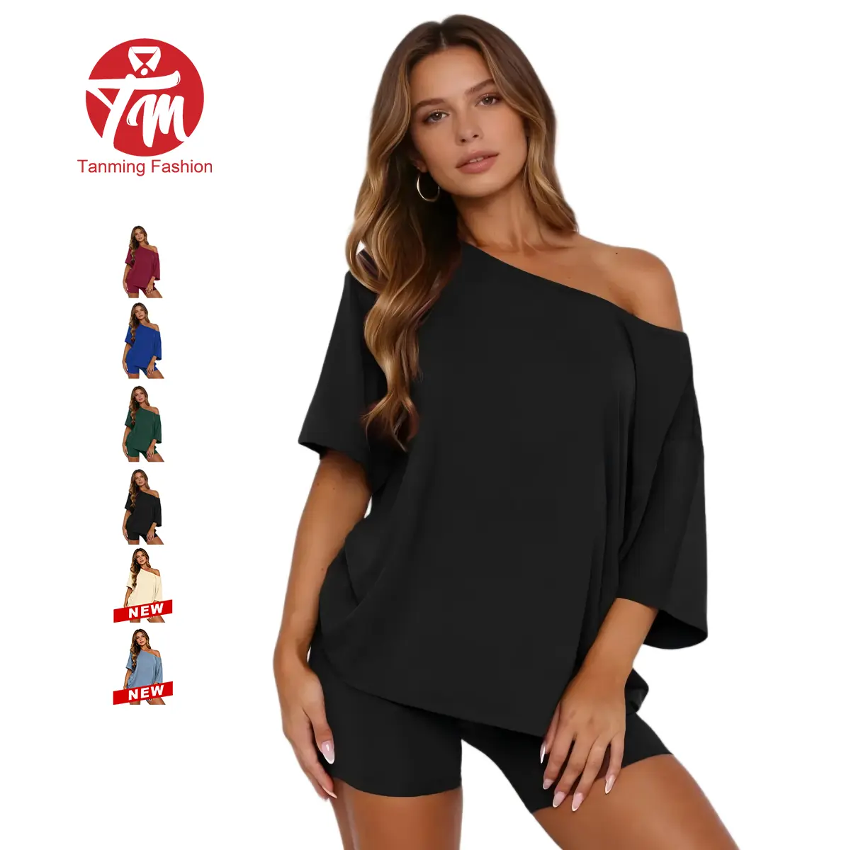 Tanming Women's 2-Piece Casual Loungewear Set - Plus Size Elegant Chic XL Women's Off-Shoulder Oversize Top & Fitted Shorts, Soft Stretchy Spring Apparel for Lounging, Coffee Runs, Work, Curvy Athletic Travel Outfits