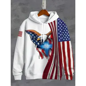 3D Men's Sweatshirt with Eagle and Flag Print, Long Sleeve Casual Hoodie with Drawstring Pockets, Fashion Pattern Hooded Jacket, Sporty Sweatshirt, Casual Daily Wear, Spring and Autumn Top Fabric Knit Men's Flag Print Hoodie Sweatshirt Menswear Polyester