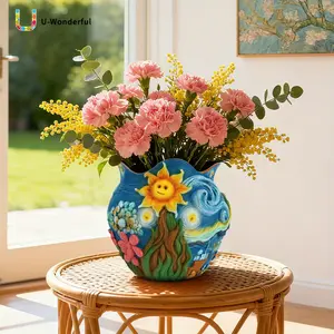 u-wonderful Decorative Polyresin Vase - Artistic Design Cylinder Vase, Custom Decorated Van Gogh Inspired Hand-Painted, Starry Night & Sunflower Art, 0-50 cm Home Decor for Tabletop or Fireplace Center Display, Artistic Design Vases