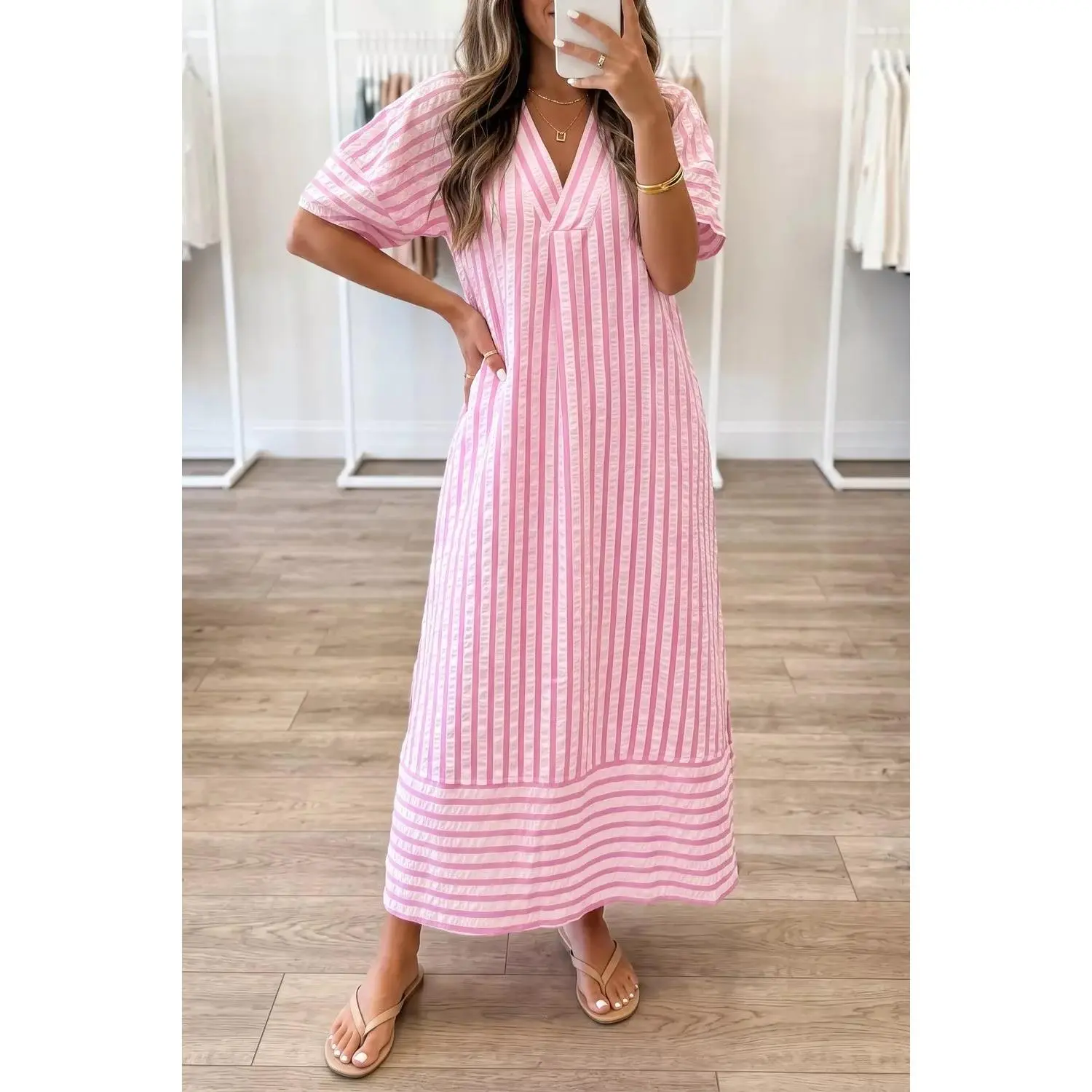 Striped V-Neck Midi Dress