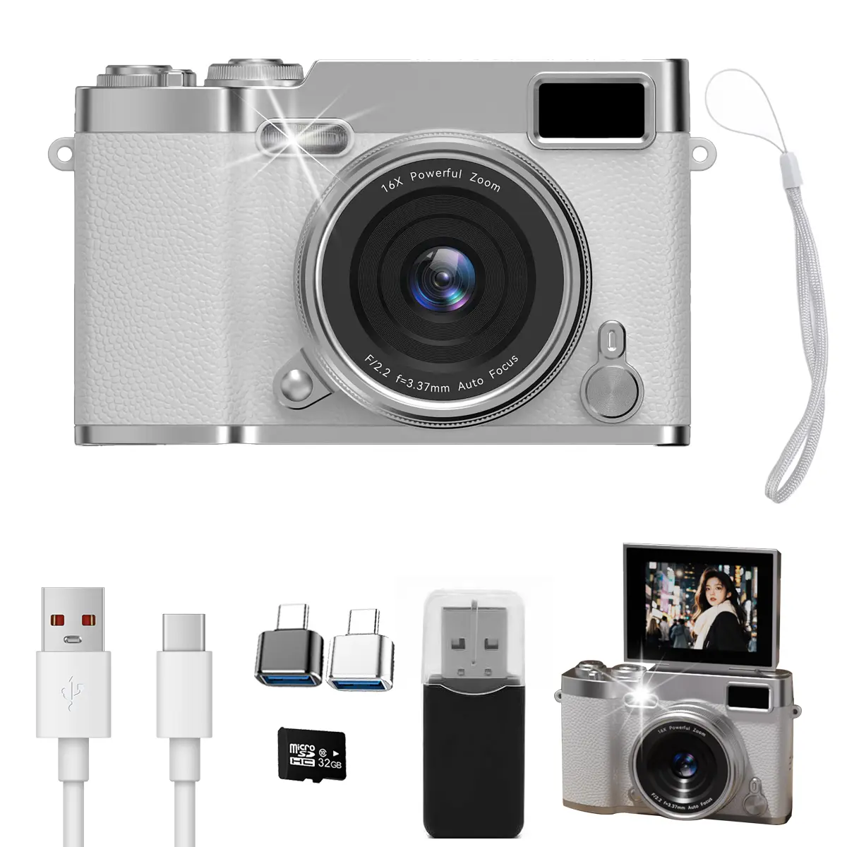 48MP CCD Camera with 16X Zoom – Digital Point and Shoot Camera with LED Fill Light, Auto Focus, 180° Flip Screen