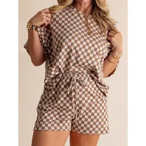 WomenSummerOutfitsCheckerboardPrintLooseT-ShirtandElasticShortsClubStreetwearClothesSleeveSuitsWomenswearBottomFabricPolyesterCrewneckFittedKhakiCasualPlaidGamis2piecesetswomenrodeo2piecesetbeachoutfitsset