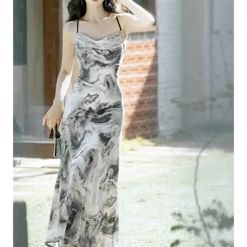 Ink Wash Marble Maxi Dress | Neo-Chinese Qipao-Inspired Gown, Modern Evening Wear, Artistic Photoshoot Dress