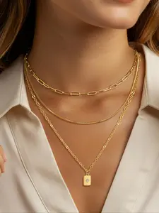 3-Piece Vintage Style Layered Gold Necklace Set for Women, Fashion Gold Plated Paperclip Box Chain Pendant Choker, Stackable Multi-Layer Necklace Jewelry Gift, Perfect Present, Layered Necklaces