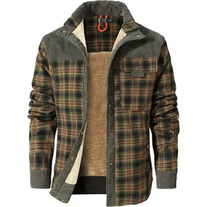 Zaitun Men's Sherpa Lined Flannel Corduroy Plaid Shirt Long Sleeve Button Up Jacket Fleece Coat For Men With Pocket