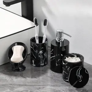 Marble Pattern Bathroom Accessories Set, 4 Counts/set Including Soap Dispenser, Cotton Swab Storage Jar, Soap Dish, Cup, Bathroom Supplies