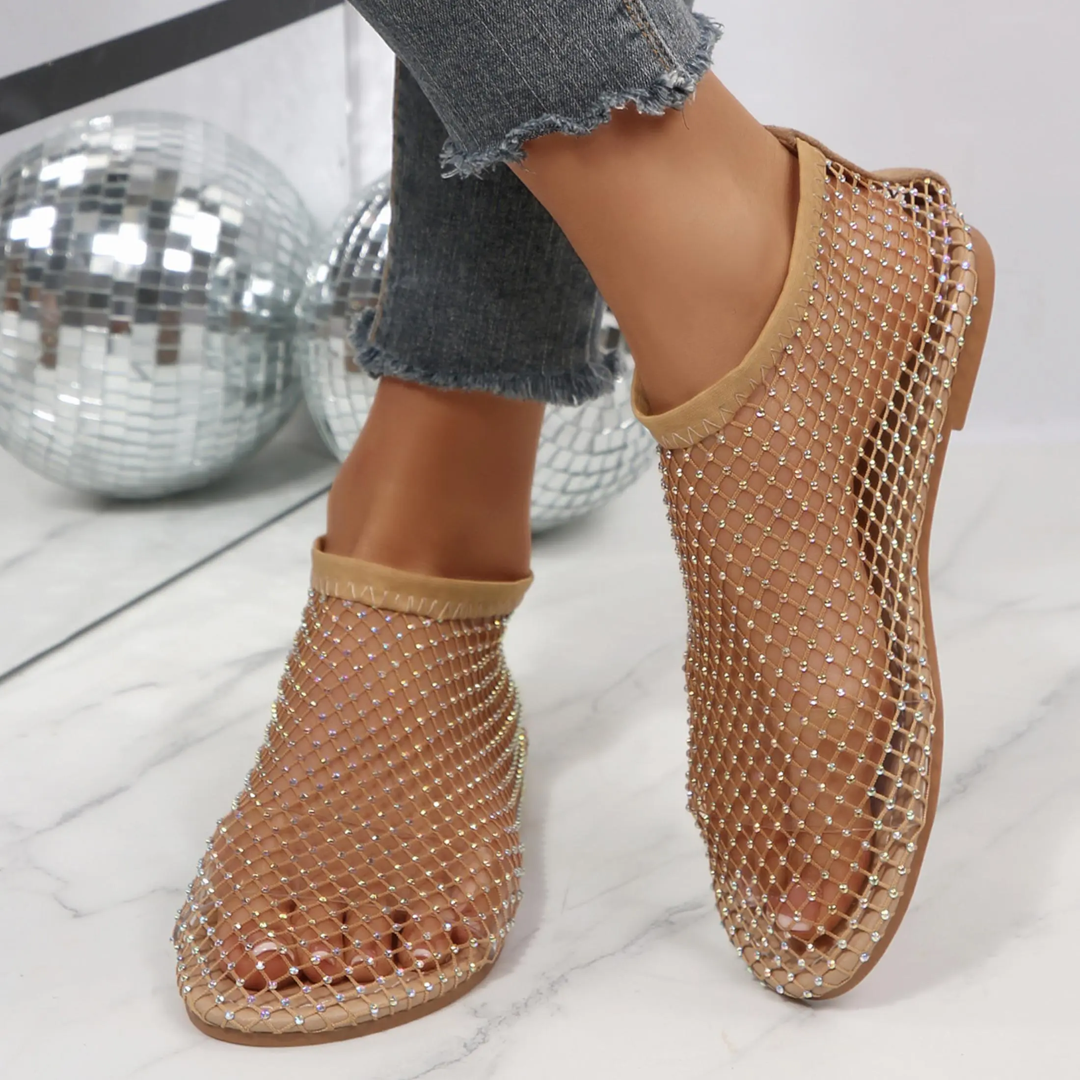Women's Mesh Rhinestone Ballet Flats Sandals Sparkly Slip On Shoes for Parties Nights Summer Casual Vacation Summer Vibes