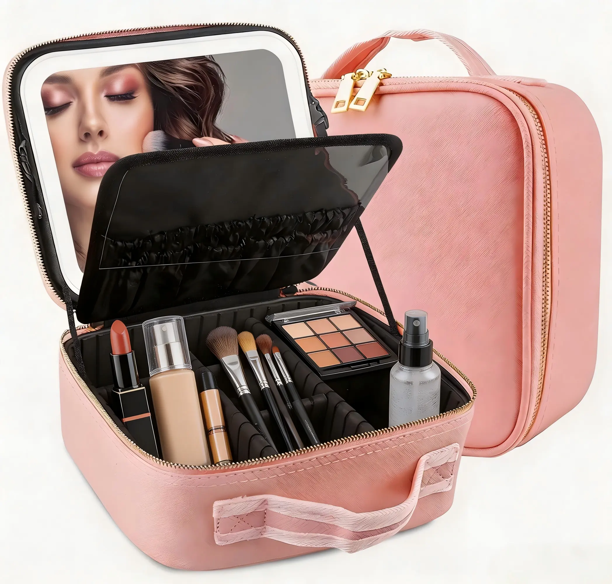 Large Makeup Train Case with Light, Mirror and Adjustable Dividers – Functional Cosmetic Organizer for Makeup Products, 10X Magnifying Mirror, Makeup Bag Organizer, Portable Cosmetic Organizer