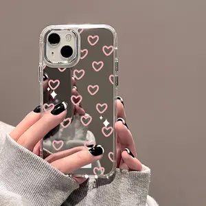 Love Heart Mirror Phone Case For iPhone 11 Case iPhone 13 14 12 15 16 Pro Max Plus X XR XS Make Up Mirror Shockproof Soft Cover