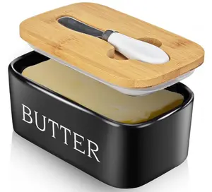 Butter Dish with Lid, Large Butter Dish for Countertop, Ceramic Butter Keeper Container with Knife and High-Quality Silicone Sealing Butter Box for Home Decor Good Kitchen Gift Black
