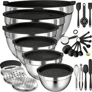 6 Piece Stainless Steel Salad Bowls With Colorful Lids Large Capacity Multiple Sizes Mixing Bowls Includes 3 Graters And 8 Kitchen Accessories