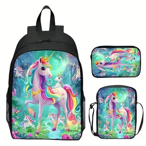 Magical Unicorn Kingdom 3PCS Backpack Set, Durable 600D Oxford Cloth School Bag  Adjustable Breathable Strap, for Kids Teens School Travel Outdoor
