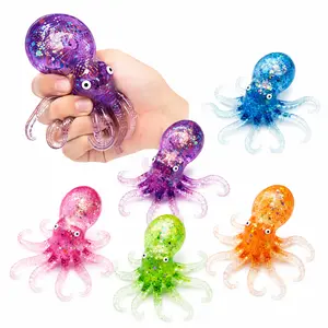 Glitter Octopus Squishy Stress Ball, Soft Sparkly TPR Fidget Toy, Stretchable Anxiety Relief Party Favor