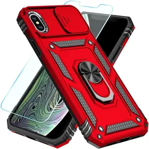 SunStory Compatible with iPhone Xs Max Case with HD Screen Protector & Slide Camera Cover & Rotated Ring Kickstand, [Military-Grade] Phone Case iPhone Xs Max(Red)