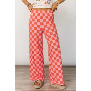 Checkmate Pants - Slushie Mid-rise Elastic Waistband Wide Leg Fit Pink Orange Checkered Print Women's Trousers