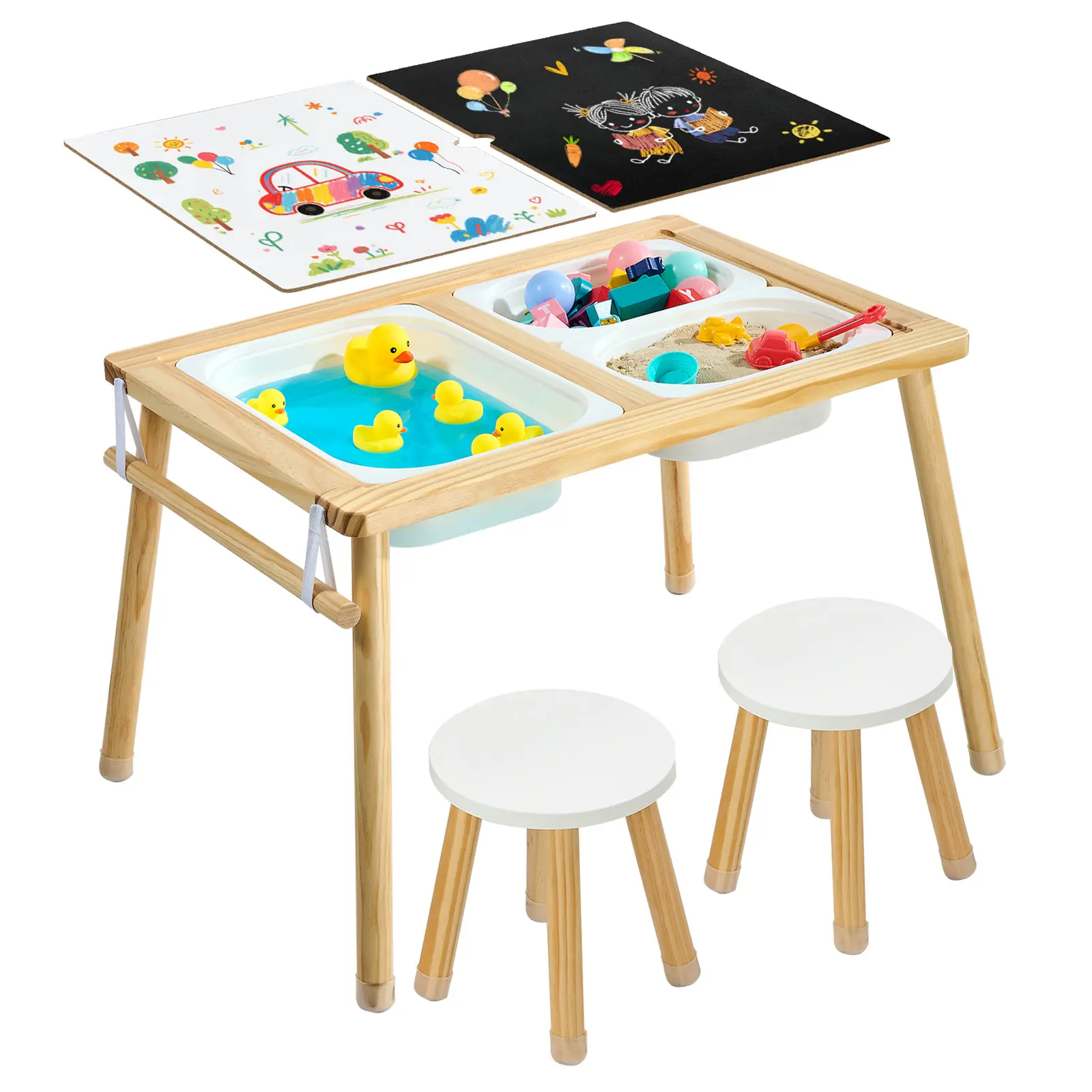 【SummerFinds】VEVOR Sensory Table for Toddlers, Wooden Kids Activity Table with 2 Stools, Double-Sided Board, Storage Bins, and Non-Slip Feet, for Boys and Girls Playing Sand and Water, Drawing, Studying, Dining