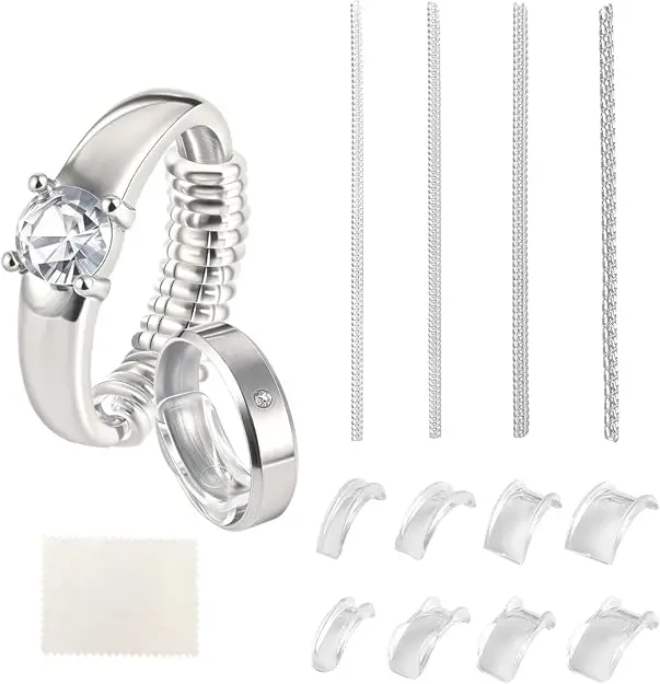Plain Jewelry Adjusters & Protectors 12-Pack - Invisible Ring Guard Inserts, Spiral Resizers, 12 Sizes, Comfort Fit for Adults, Polishing Cloth for Loose Bands