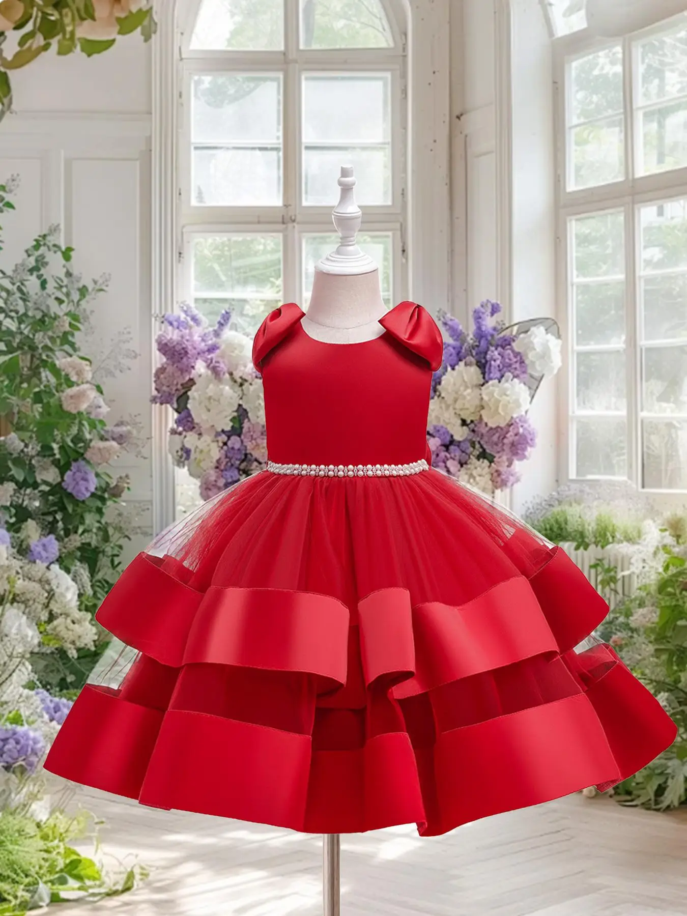 Girl's Bow Decor Tulle Overlay Party Dress, Elegant Dress for Party Performance Wedding Guest, Kids Clothes for All Seasons