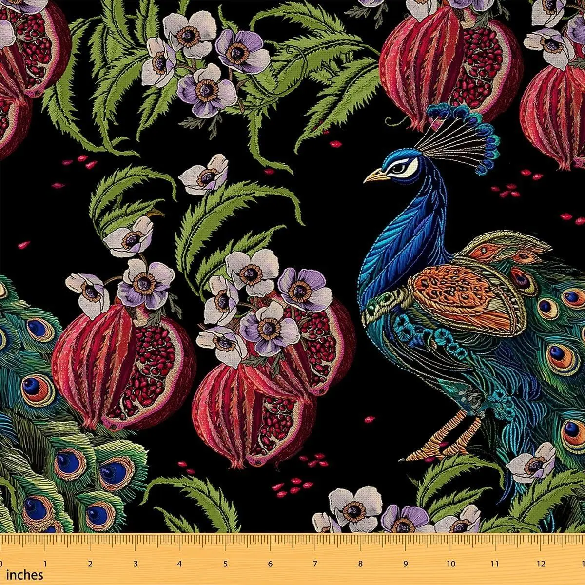 Gorgeous Peacock Fabric Watercolor Pomegranate Outdoor Flowers Fruits Sewing Fabric Colorful Wild Animal Rustic Style Fabric DIY Soft Flannel Polyester No Stretch