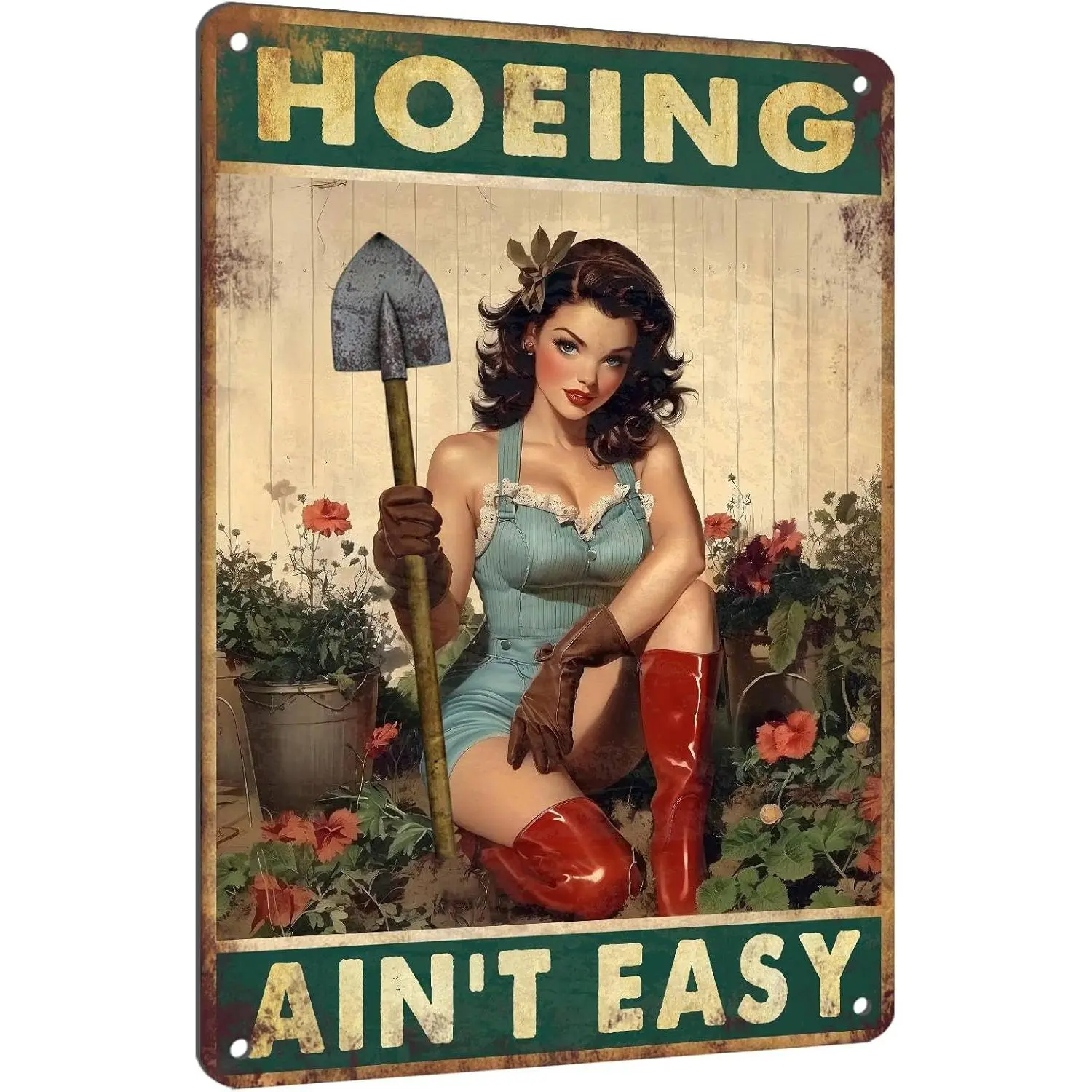 Garden Signs Yard Art Hoeing Ain't Easy Funny Garden Aluminum Metal Sign for Outside Patio Backyard Greenhouse Decor, 8x12 Inch