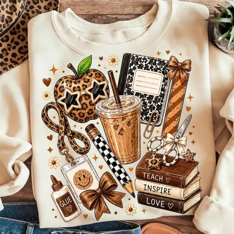 Leopard Teacher Apple Sweatshirt Preppy Back to School Crewneck Cute Checkered Pencil School Supplies Sweater Coffee Lover Educator Gift Long Sleeve Shirt