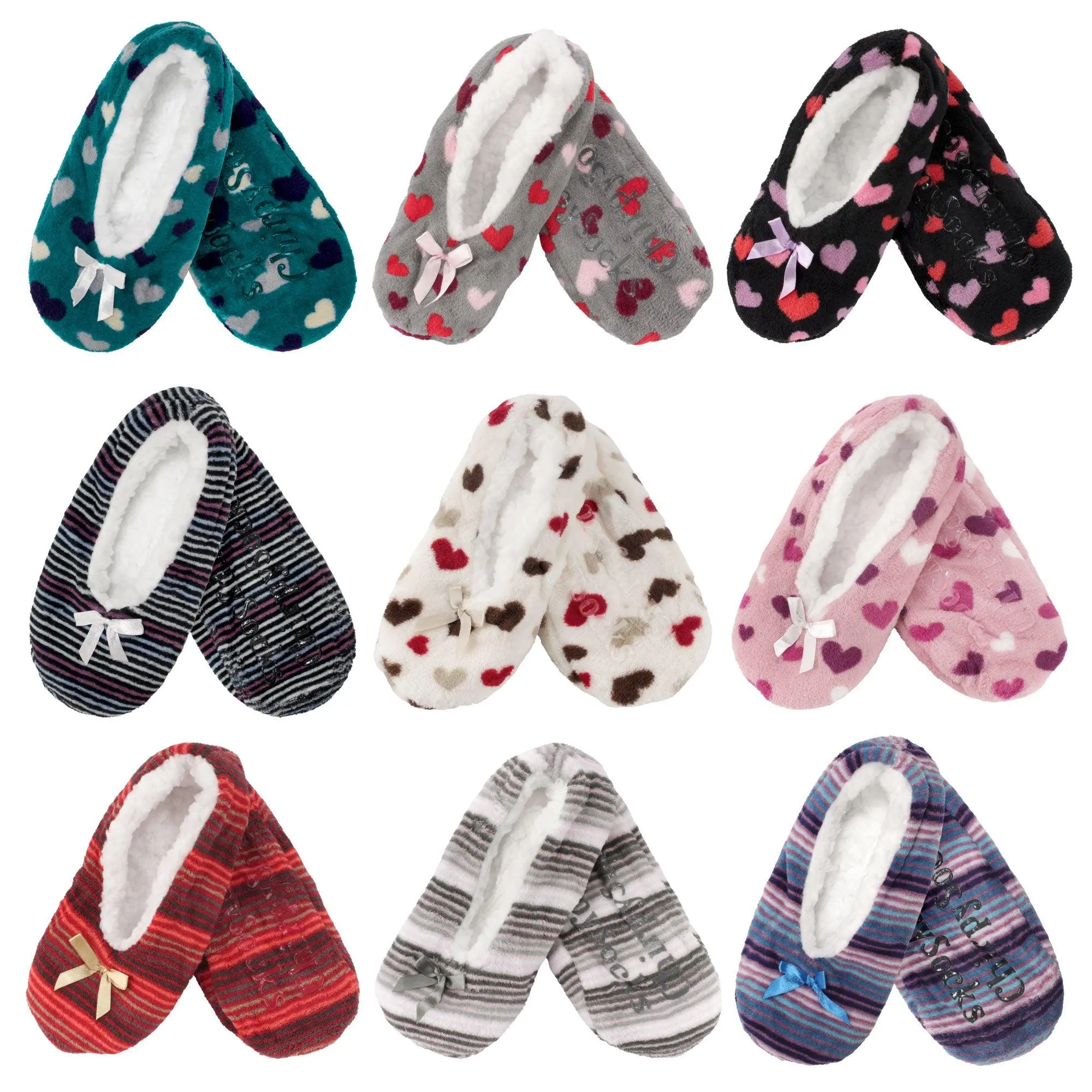 BambooMN Women's Hearts Stripes Slippers Non-Slip Lined Socks: 1 & 2 Pairs