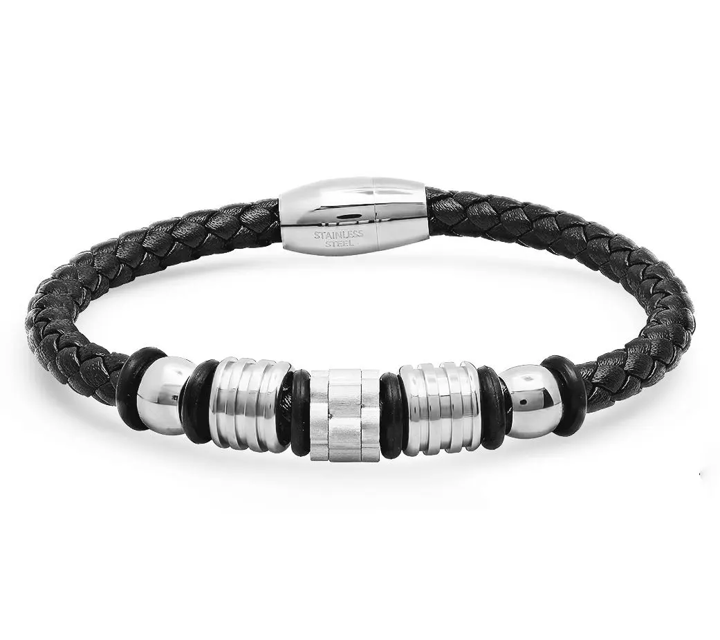 Steel By Design Men's Black Leather Beaded Bracelet
