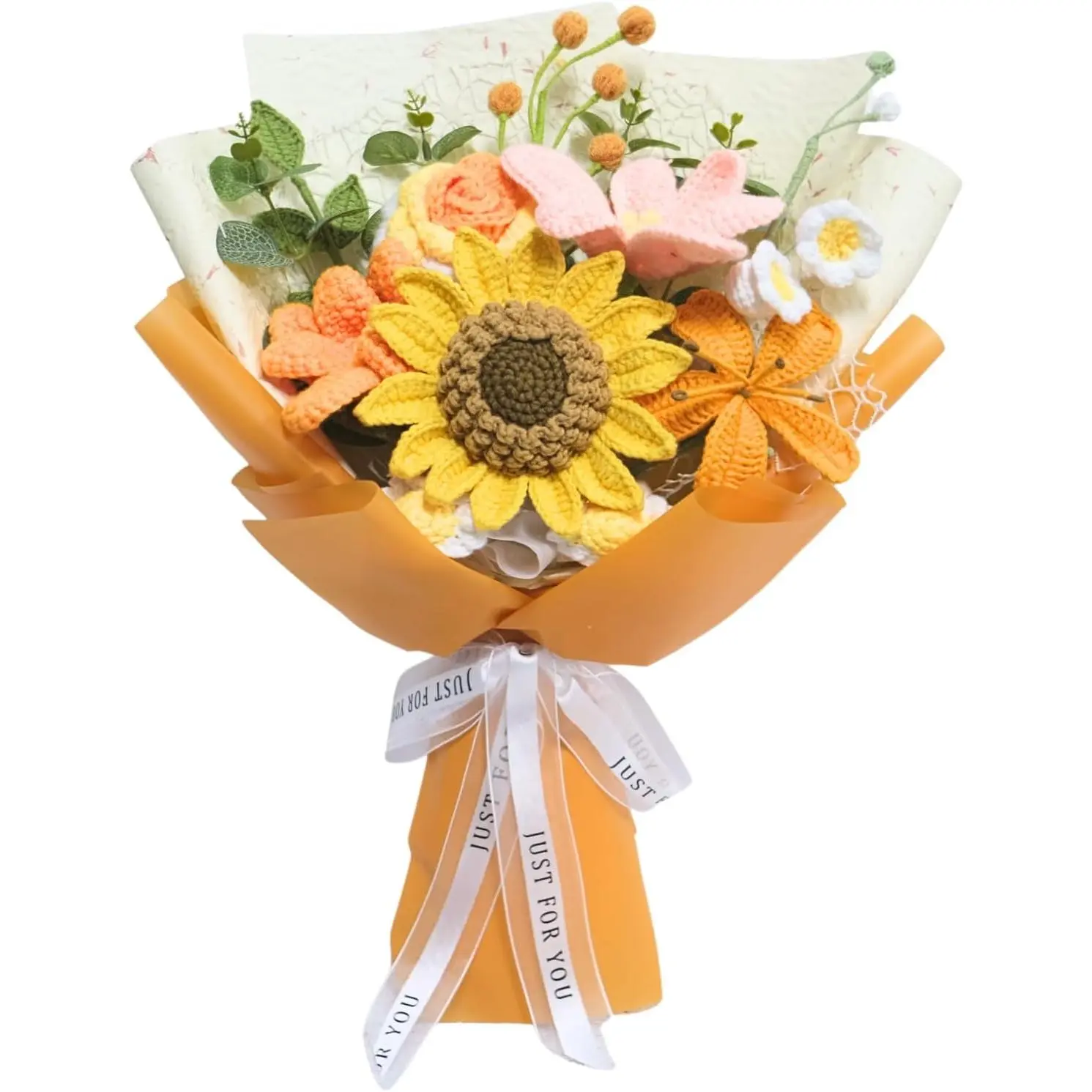 Hand-Crocheted Cotton Sunflower Bouquet Decorative Plant Ornament, Romantic Yellow Gift for Her with Card (Valentine’s Day, Anniversary)