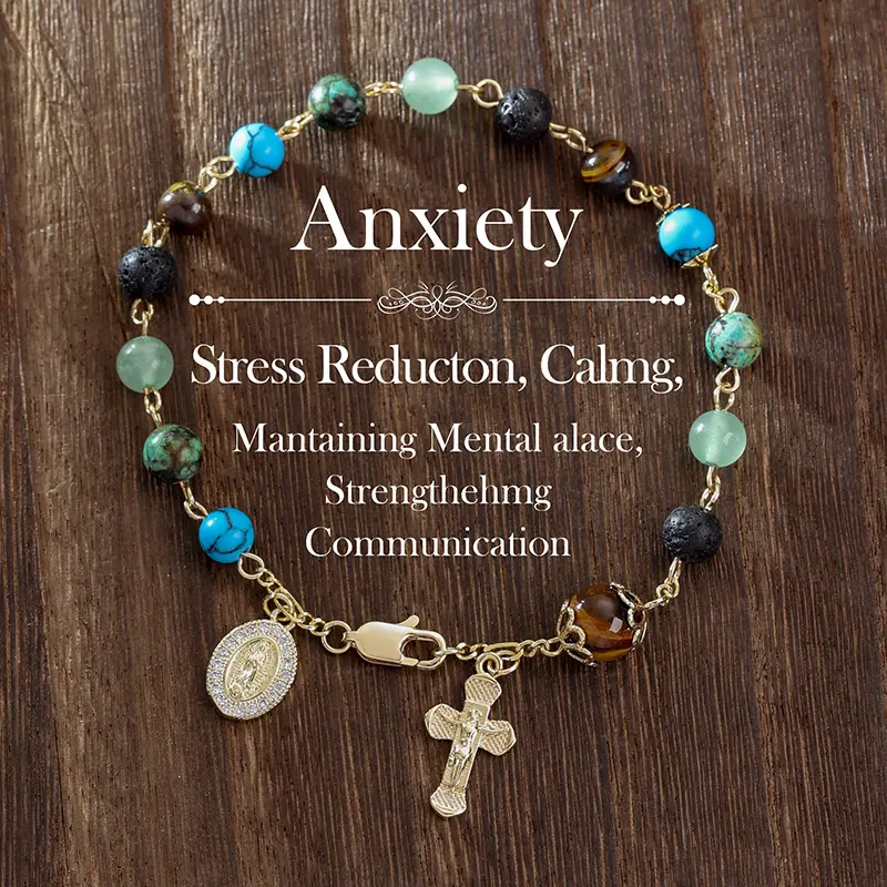1pc Auspicious Beaded Bracelet Set - 6mm Tiger Eye & Turquoise Beads, Virgin Mary & Cross Charm Stretchable Rosario Piece for Adults, Natural Gemstones for Wealth, Good Luck & Mental Health Support