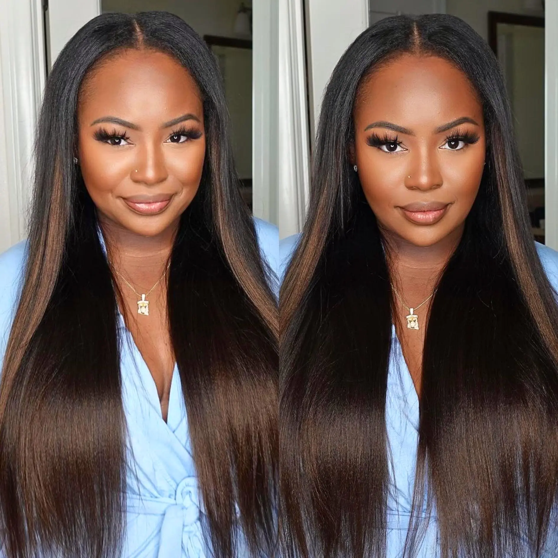 UNICE EasiContour Yaki Straight V Part Wig, Glueless Ombre Chestnut Brown Human Hair, Pre-Styled Easy Install for Beginners, Pre Styled Wig, Glueless Straight Wig