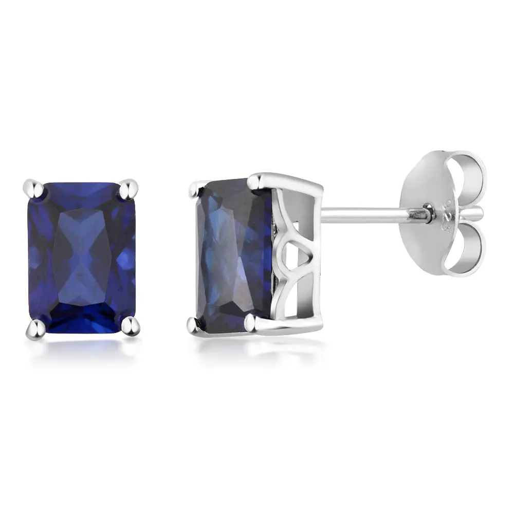 2.00 Cttw Simulated Blue Sapphire Bridal Stud Earrings For Women Men | 925 Sterling Silver | 7X5MM Emerald Cut