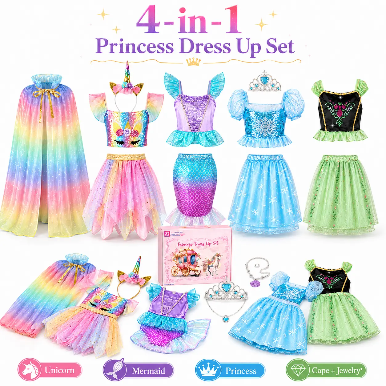 DOIOWN Princess Dress-Up Costume Set – Includes Princess, Unicorn & Mermaid Dresses, Capes, Cloaks & Jewelry, Perfect Toy for Girls 3-6, Cute Summer Outfit, Ideal Birthday Gift for Girl | Deals for You, Little Gifts For Girls, Gifts For Girly Girls