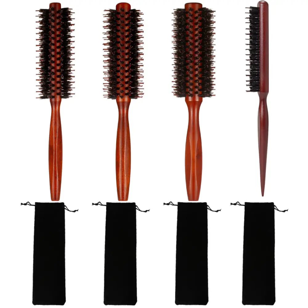 4PCS Bristle Hair Brush & Comb Set with Storage Bag Suitable for Women & Men, Round Hair Brush with Wood Handle & Bristle Bristles for Drying, Styling, Curling, Quiff Roller for Wet/Dry Hair Care